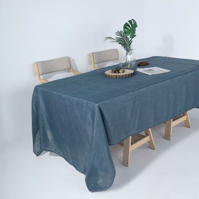 60x126 Blue Linen Rectangular Tablecloth, Slubby Textured Wrinkle Resistant Tablecloth