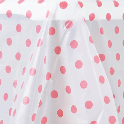 54" x 72" 10 Mil Thick Perky Polka Dots Waterproof Tablecloth PVC Rectangle Disposable Tablecloth - White/Pink#whtbkgd