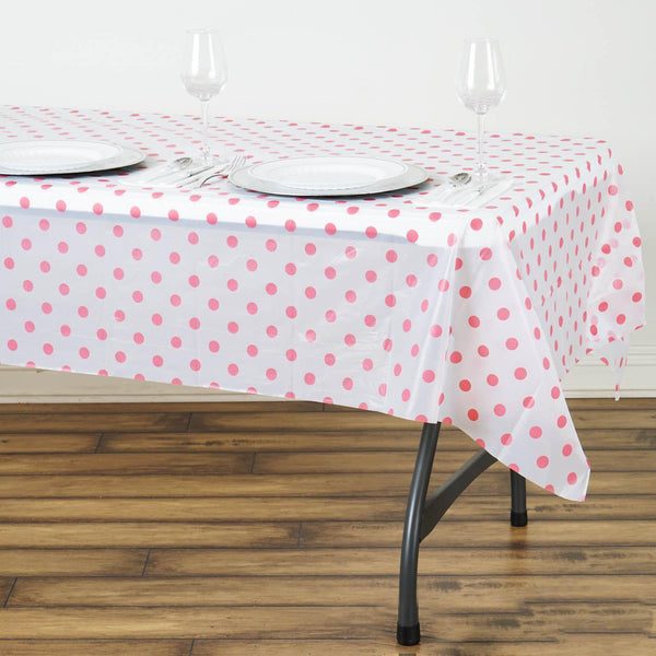 54" x 72" 10 Mil Thick Perky Polka Dots Waterproof Tablecloth PVC Rectangle Disposable Tablecloth - White/Pink - Clearance SALE