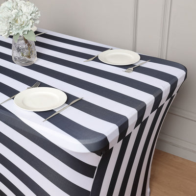 8ft Black/White Striped Spandex Stretch Fitted Rectangular Tablecloth With Foot Pockets - Spandex