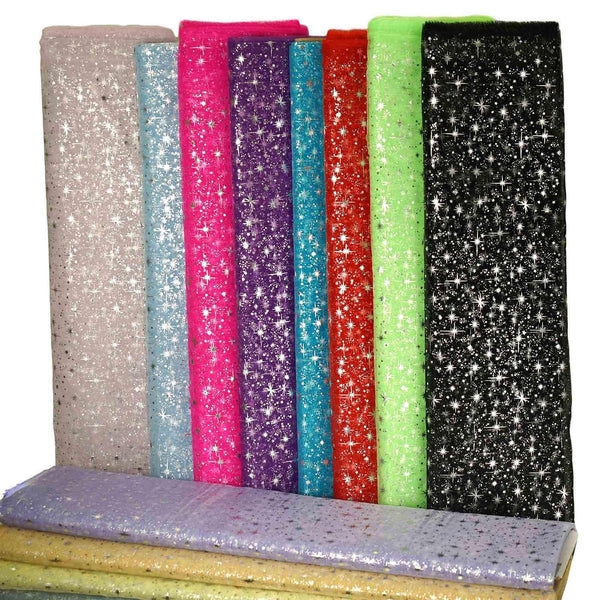 54"x15 Yards Pink Organza Tulle Fabric Bolt With Hot Foil Stamped Star Design