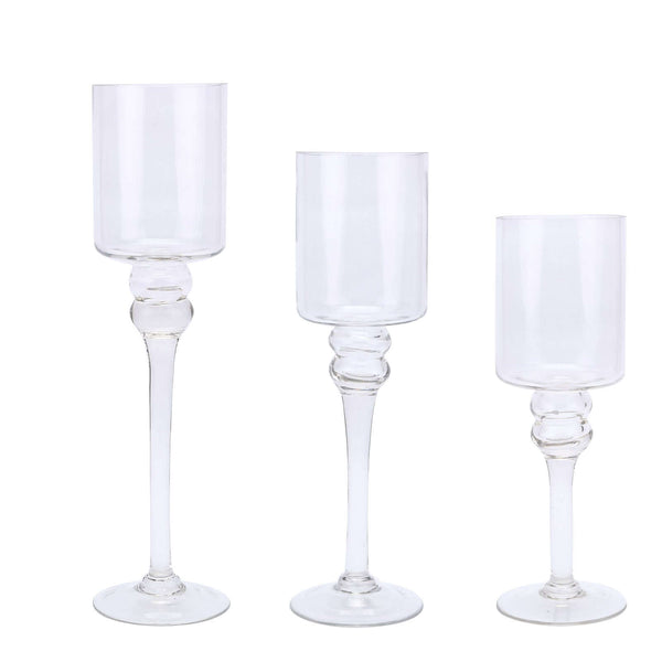 Set of 3 | Clear Long Stem Cylinder Glass Vase Candle Holders