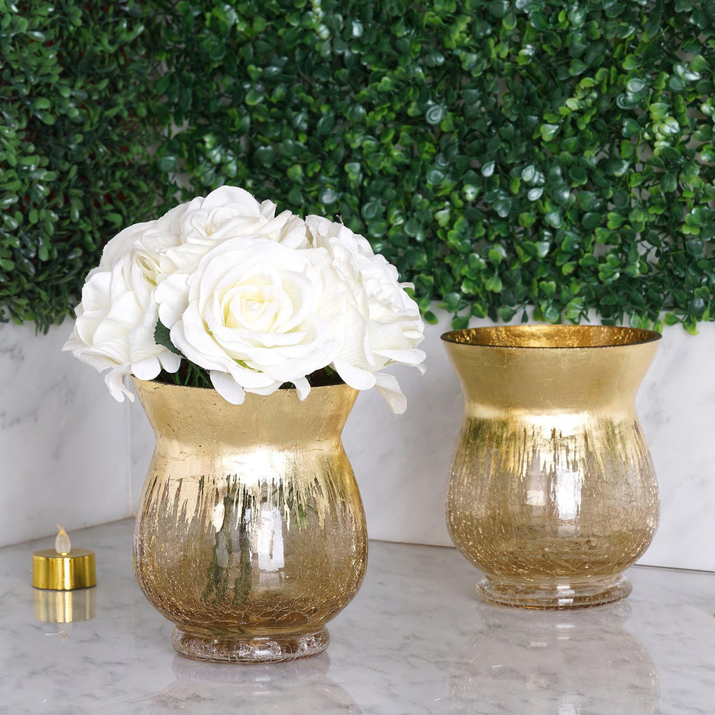 2 GOLD 6" tall Crackle Glass Candle Holders Vases Wedding Party Centerpieces 