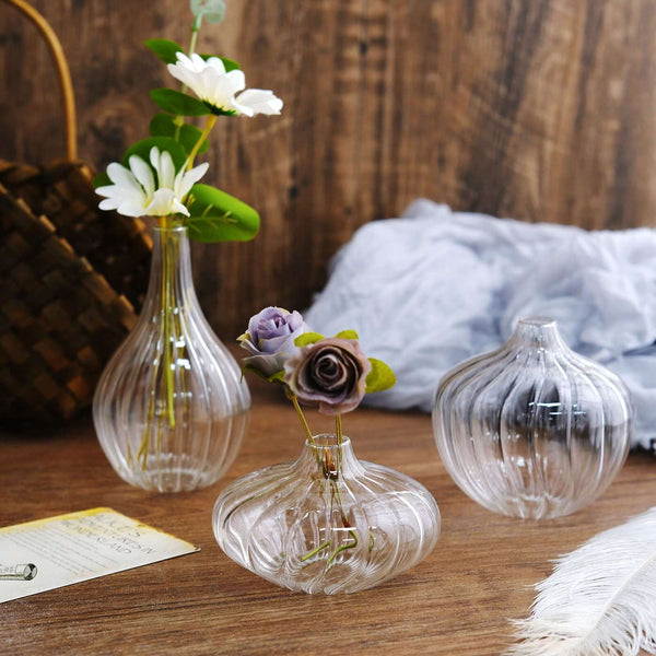 Set of 3 | Clear Glass Flower Vases, Ribbed Bud Vase Table Centerpieces - Assorted Sizes
