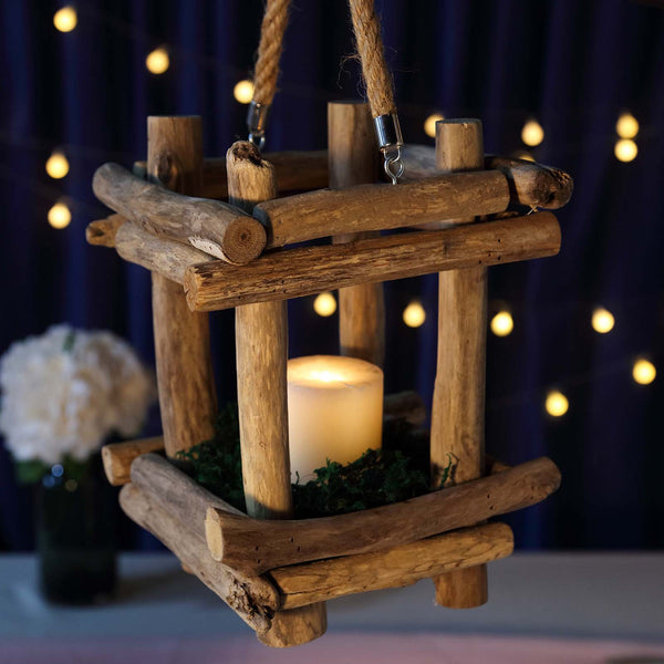 12" Rustic Multipurpose Wooden Lantern Centerpiece Hanging Candle Holder With Rope Handles