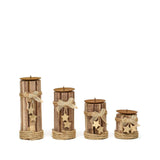 Set of 4 | Assorted Wooden Pillar Candle Holders With Braided Twines Burlap Ribbons and Hanging Stars - 8"/7"/5"/4"