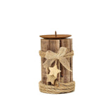 Set of 4 | Assorted Wooden Pillar Candle Holders With Braided Twines Burlap Ribbons and Hanging Stars - 8"/7"/5"/4"