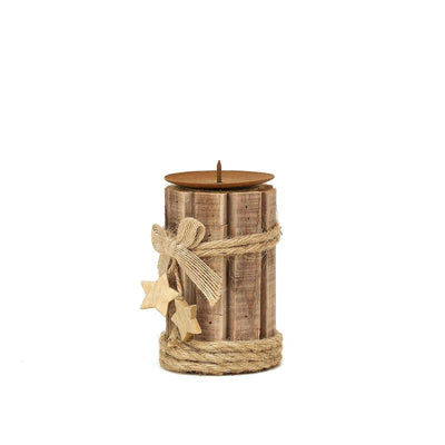 Set of 4 | Assorted Wooden Pillar Candle Holders With Braided Twines Burlap Ribbons and Hanging Stars - 8"/7"/5"/4"