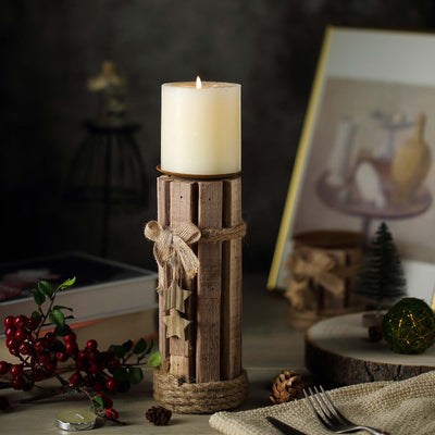 Set of 4 | Assorted Wooden Pillar Candle Holders With Braided Twines Burlap Ribbons and Hanging Stars - 8"/7"/5"/4"