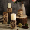 Set of 4 | Assorted Wooden Pillar Candle Holders With Braided Twines Burlap Ribbons and Hanging Stars - 8"/7"/5"/4"