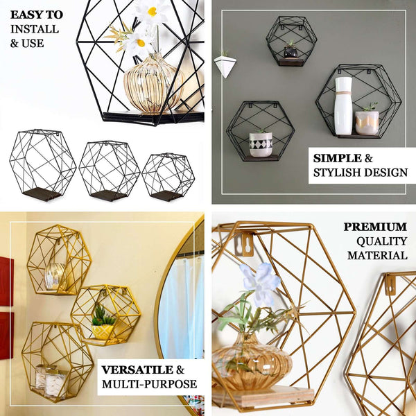 3 Pack Gold Geometric Floating Shelves, Wall Mounted Decorative Hexagonal Wall Shelf