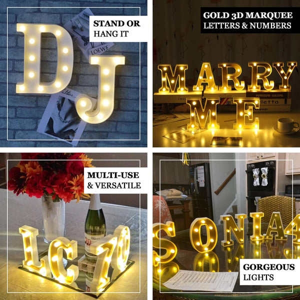 6" Gold 3D Marquee Letters | Warm White 5 LED Light Up Letters | X