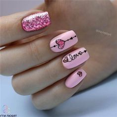 Pink Glitter Valentine nail art idea