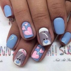 Blue and Cute Little bear Valentine nail art idea