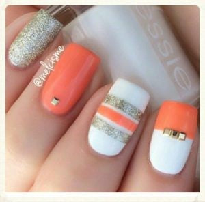 Coral Orange & Silver Nail Design