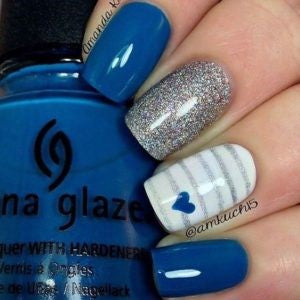 Bule Heart and Silver Nail Design