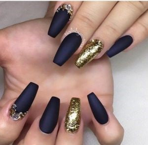 Gold glitter navy blue nail design