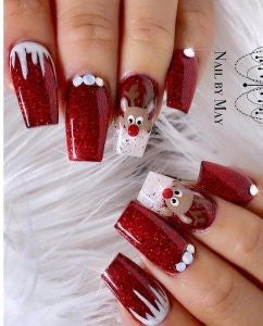 Glitter red reindeer nail design