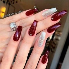 Silver Glitter Burgundy Nail Design