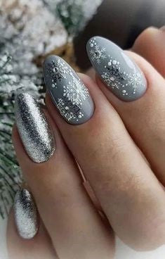 Glitter Silver Snowflake Christmas Nail Design