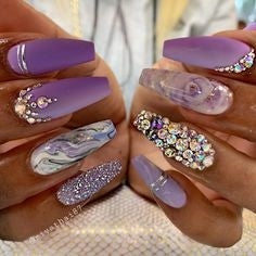 Purple Marble Rhinestones Nail Art Design