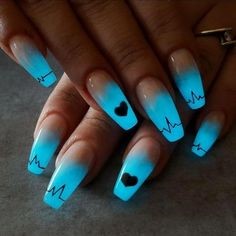 Blue Luminous Electrocardiogram Nail Design