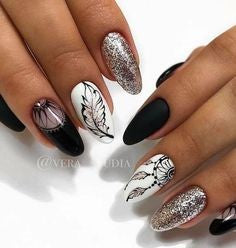 Matte and Glitter Feather Nail Designs