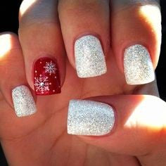 White Glitter and Snowflake Winter Nail Idea