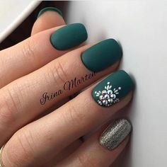 Matte Green and Rhinestone Winter Nail Idea