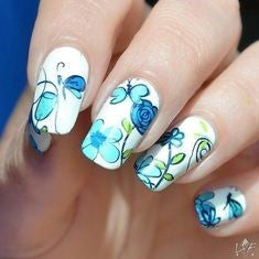 Blue Oil Painting Flower Nail Design