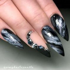 Black Marble Diamonds Nail Design
