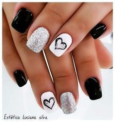 Black and White Heart Cute Nail Design