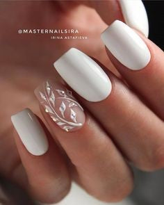 3D Leaves and Stylish White Nail Art Idea