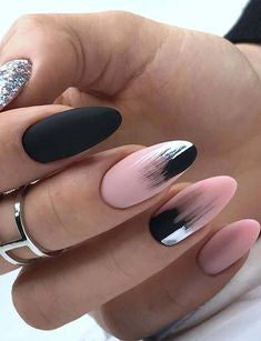 Black & Pink Wiping Almond Nail Design