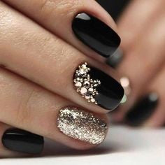 Rhinestone black nail design