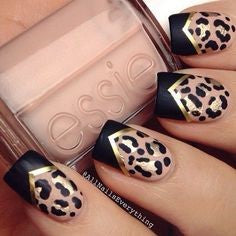 Leopard print black tip nail design