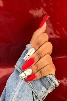 Marble White and Red Acrylic Nail Design