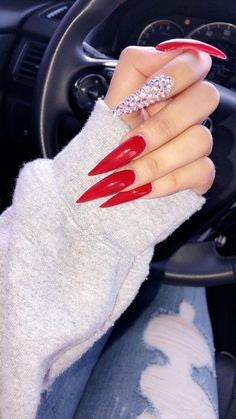 Long Red Acrylic Stiletto Nail Design