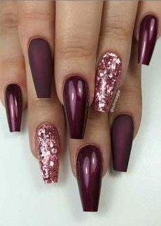 Newest Nail Designs-24 Burgundy Sequins coffin nails