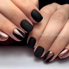 Matte Black with Gold Glitter Nail Design