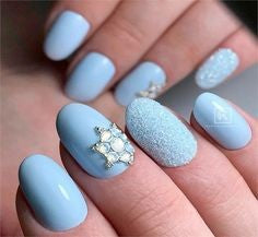 Blue Rhinestones Gorgeous Oval Nail Design