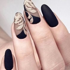 Matte Black and Gold Oval Nail Design