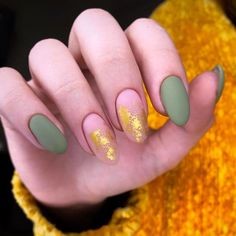 Matte Green and Gold Foil Nail Design