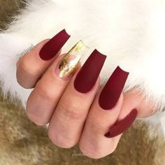 Matte Red and Gold Coffin Foil Nail Design