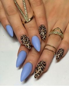 Blue Short Stiletto Leopard Nail Design