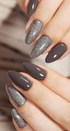 Gray Glitter Almond Nail Design