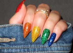 Short Stiletto rainbow glitter nails