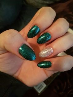 Glitter Green and Silver Nail Design