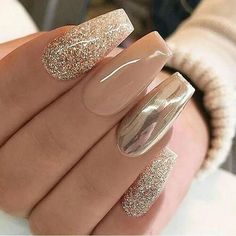 Gold Metallic and white nail design