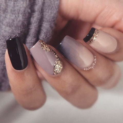Black Nails With Gold Design